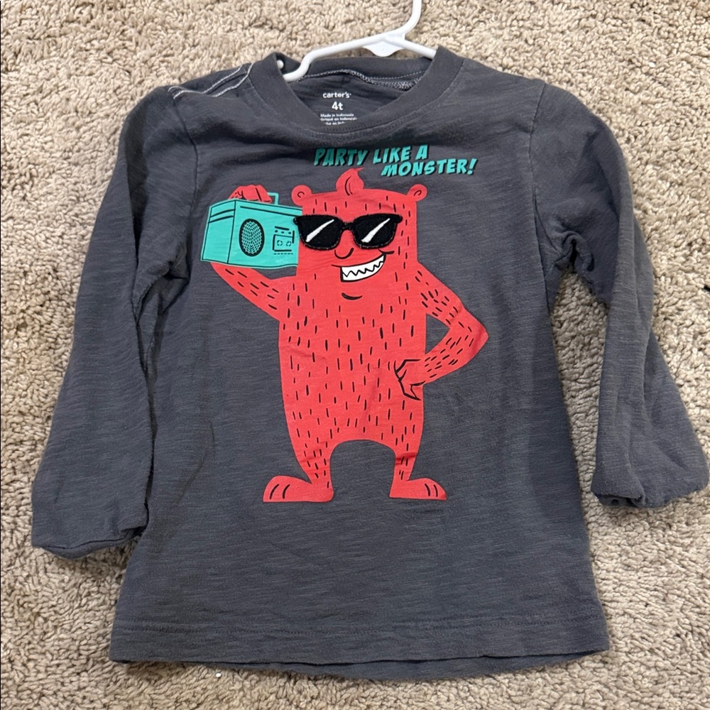 Carter's Charcoal Long Sleeve with Red Monster and Teal Boombox